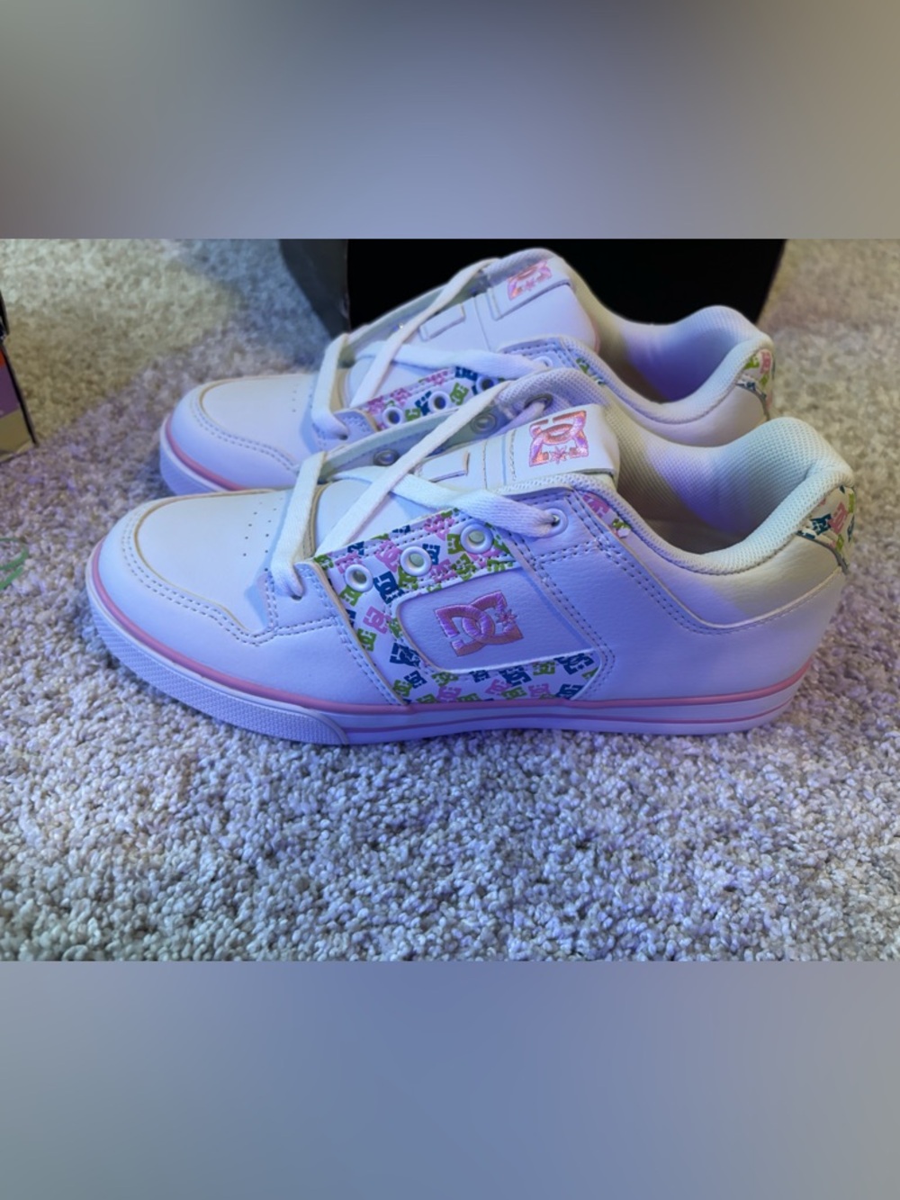 DC Girls' White Sneakers with Pink Trim and Multicolor Logo